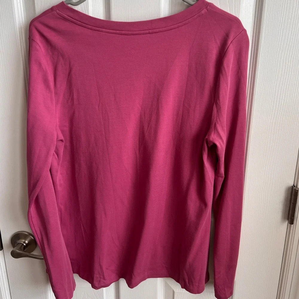 Isaac Mizrahi Live Essentials Long Sleeve Pima Cotton V Neck Pink T-Shirt Top
